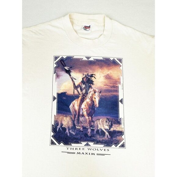 Vintage 90s Three Wolves Maxim T-Shirt Native American Large Single Stitch - Picture 1 of 9